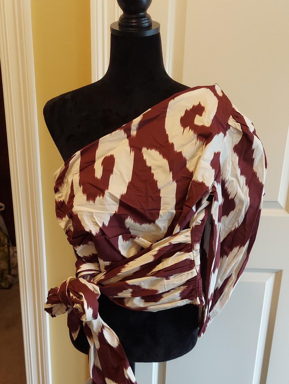Express One-Shoulder Maroon and Cream Print Top